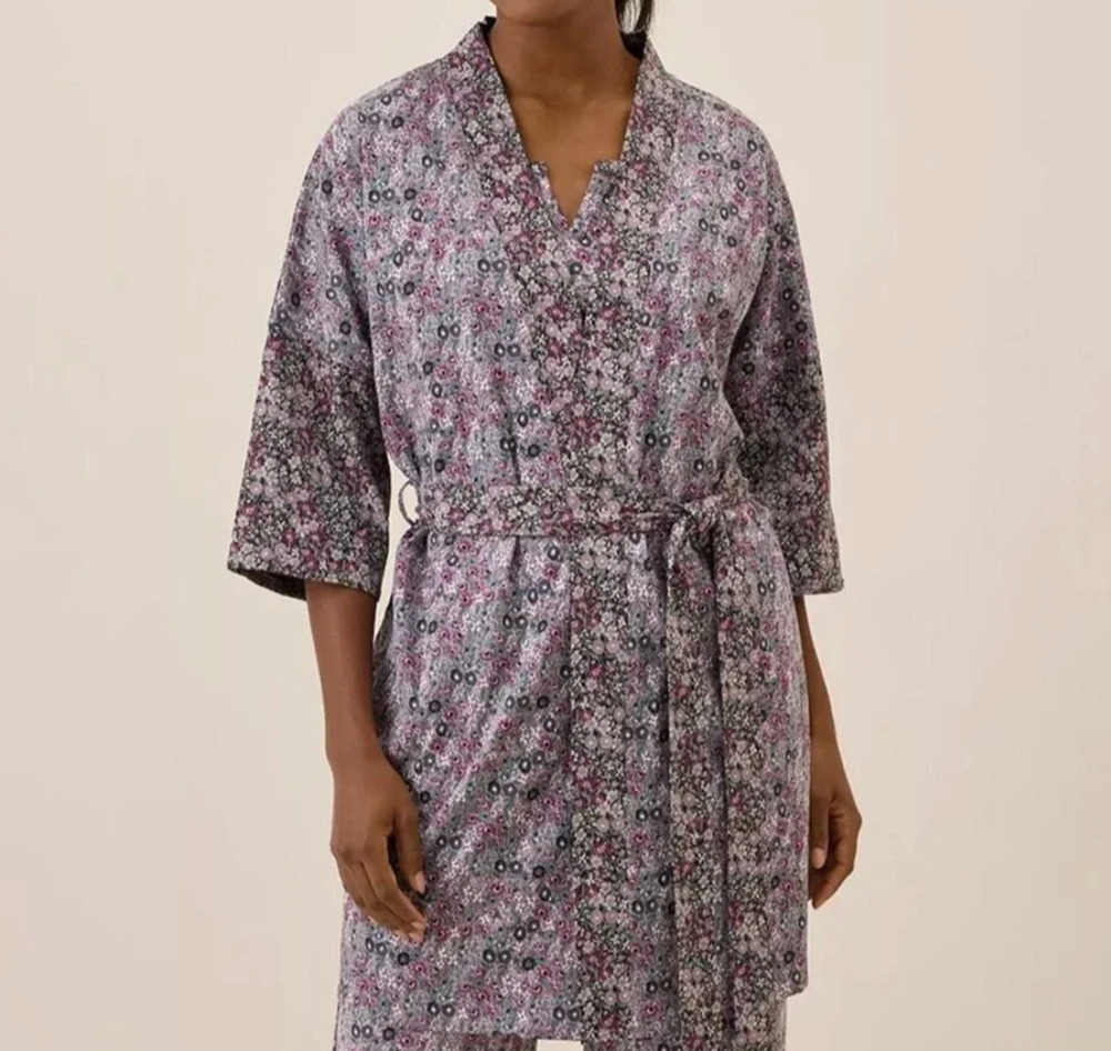 PACT Staycation Petal Patch Robe M/L Organic Cotton Floral Kimono Belted Cottage